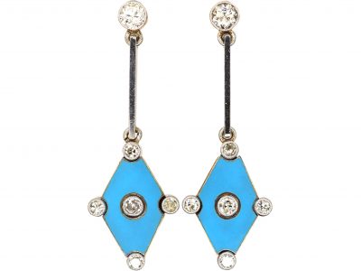 Edwardian 15ct Gold & Platinum,Turquoise Enamel & Diamond Drop Earrings