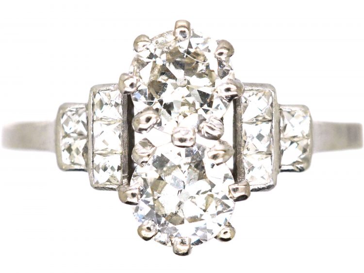 Art Deco Platinum Two Stone Diamond Ring with French Cut Diamond set Shoulders