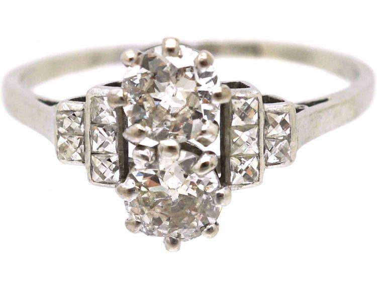 Art Deco Platinum Two Stone Diamond Ring with French Cut Diamond set Shoulders