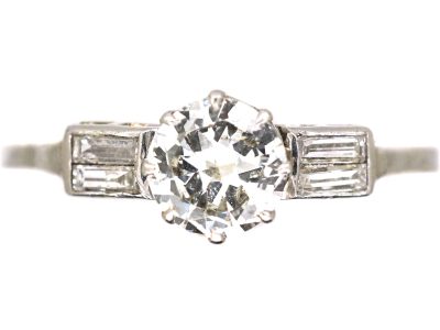 Art Deco Platinum, Diamond Solitaire Ring with Baguette Diamond Shoulders