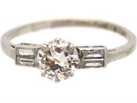 Art Deco Platinum, Diamond Solitaire Ring with Baguette Diamond Shoulders