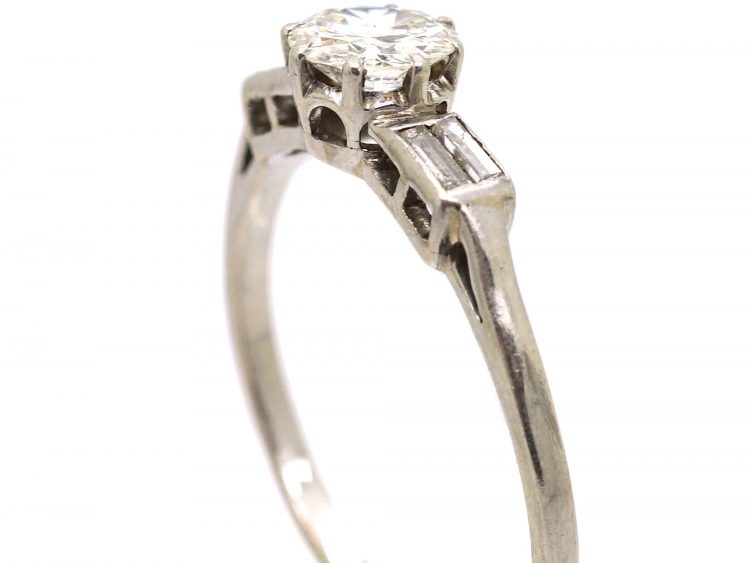 Art Deco Platinum, Diamond Solitaire Ring with Baguette Diamond Shoulders