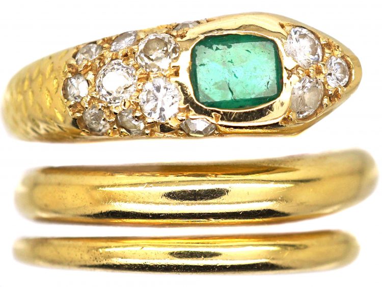 French 18ct Gold Snake Ring set with an Emerald & Diamonds