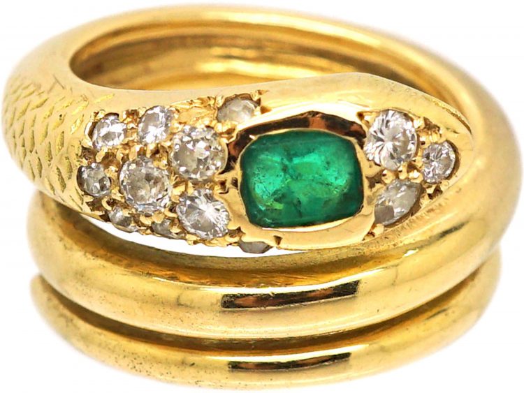 French 18ct Gold Snake Ring set with an Emerald & Diamonds