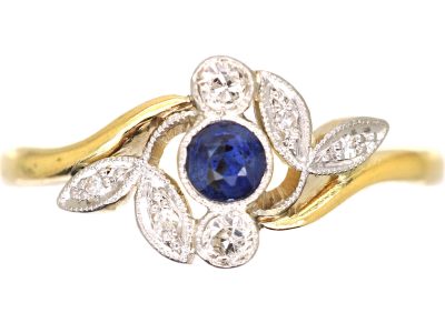 Edwardian 18ct Gold & Platinum, Sapphire & Diamond Sprig Ring