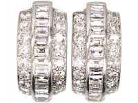 Art Deco 18ct White Gold Half Hoop Earrings set with Baguette & Round Diamonds