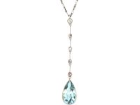 Early 20th Century 15ct Gold & Platinum Aquamarine & Diamond Drop Pendant on Platinum Chain