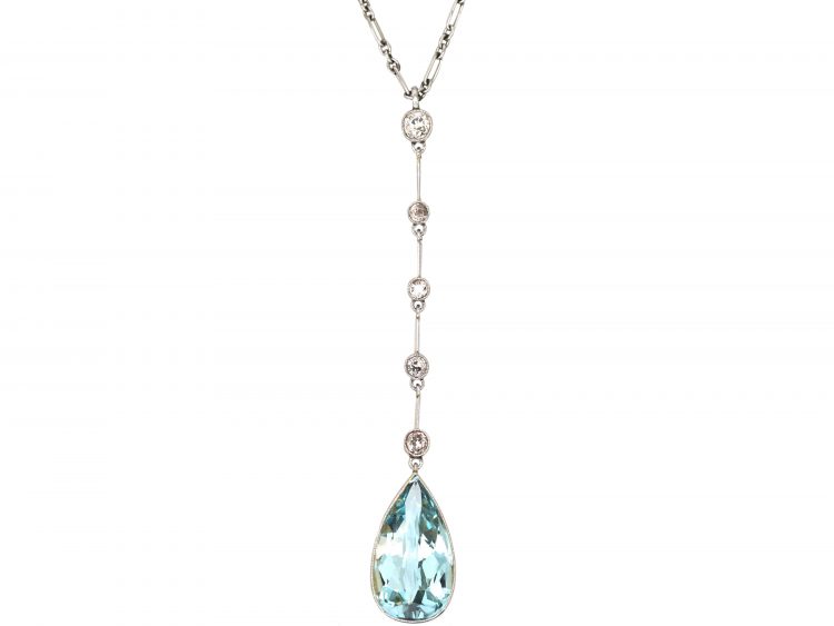 Early 20th Century 15ct Gold & Platinum Aquamarine & Diamond Drop Pendant on Platinum Chain