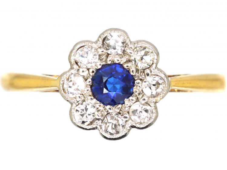 Edwardian 18ct Gold & Platinum, Sapphire & Diamond Cluster Ring