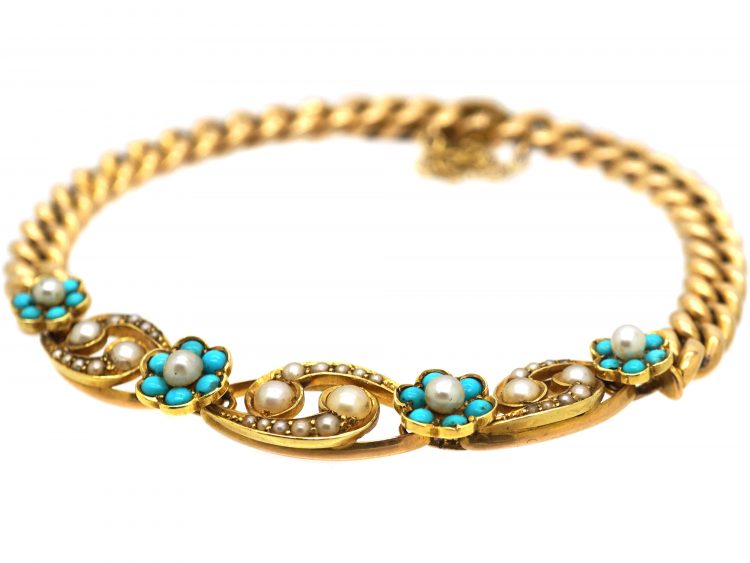 Edwardian 15ct Gold, Pearl & Turquoise Bracelet