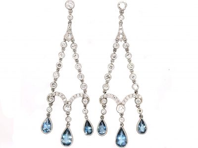 Edwardian Platinum Long Drop Earrings set with Diamonds & Pear Shaped Aquamarines