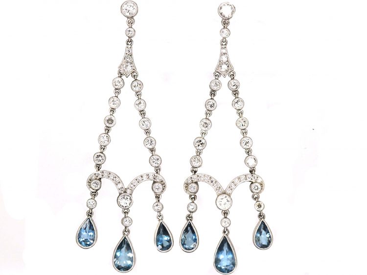 Edwardian Platinum Long Drop Earrings set with Diamonds & Pear Shaped Aquamarines