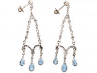 Edwardian Platinum Long Drop Earrings set with Diamonds & Pear Shaped Aquamarines