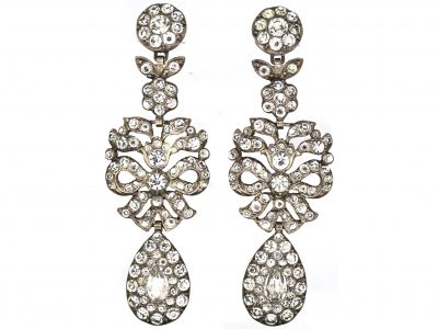 Edwardian Platinum Long Drop Earrings set with Diamonds & Pear Shaped Aquamarines