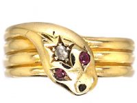 Edwardian 9ct Gold Snake Ring set with a Rose Diamond & Ruby Eyes