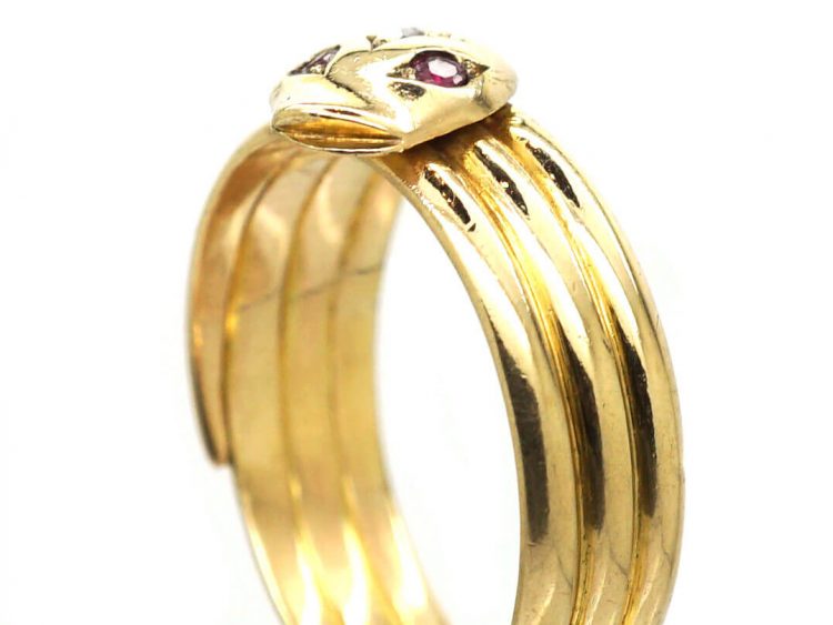 Edwardian 9ct Gold Snake Ring set with a Rose Diamond & Ruby Eyes