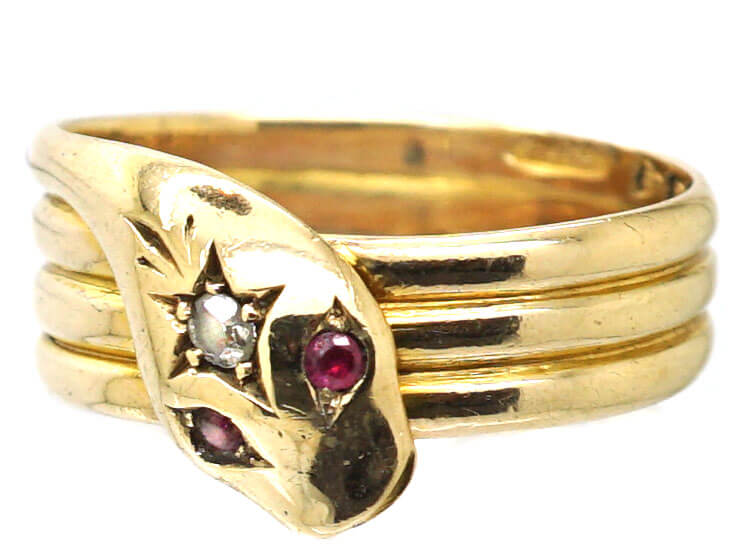 Edwardian 9ct Gold Snake Ring set with a Rose Diamond & Ruby Eyes