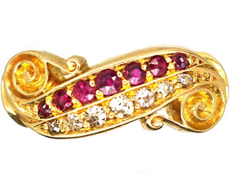 Edwardian 18ct Gold, Ruby & Diamond Scroll Design Ring