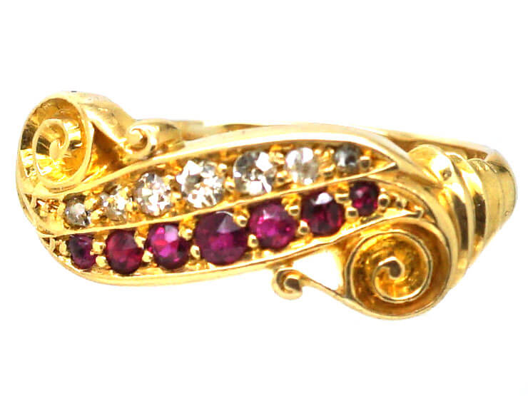 Edwardian 18ct Gold, Ruby & Diamond Scroll Design Ring