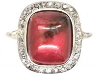 Early 20th Century 18ct White Gold Ring set with a Cabochon Cut Rhodonite & Diamonds