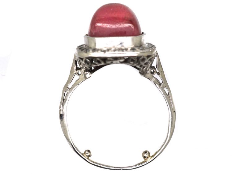 Early 20th Century 18ct White Gold Ring set with a Cabochon Cut Rhodonite & Diamonds