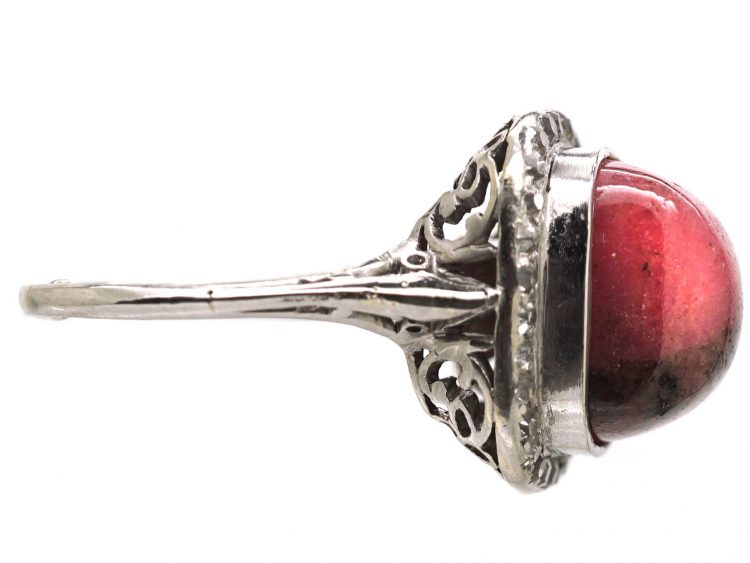 Early 20th Century 18ct White Gold Ring set with a Cabochon Cut Rhodonite & Diamonds