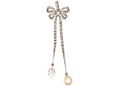 Early 20th Century 18ct Gold & Platinum, Diamond Bow Pendant with Pear Shaped Diamond and Pearl Drops