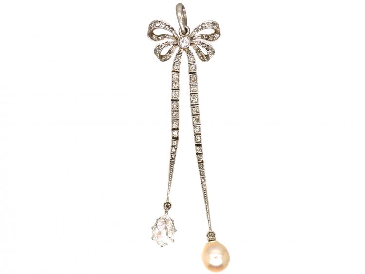 Early 20th Century 18ct Gold & Platinum, Diamond Bow Pendant with Pear Shaped Diamond and Pearl Drops