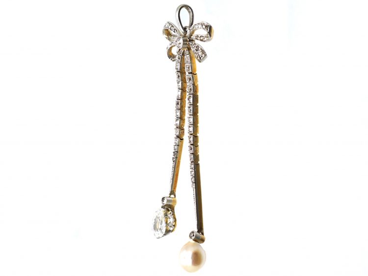 Early 20th Century 18ct Gold & Platinum, Diamond Bow Pendant with Pear Shaped Diamond and Pearl Drops