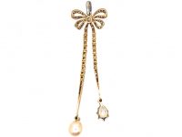 Early 20th Century 18ct Gold & Platinum, Diamond Bow Pendant with Pear Shaped Diamond and Pearl Drops