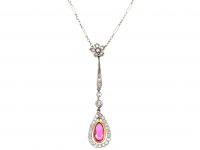 Early 20th Century 15ct Gold & Platinum Ruby & Diamond Pendant on Platinum Chain