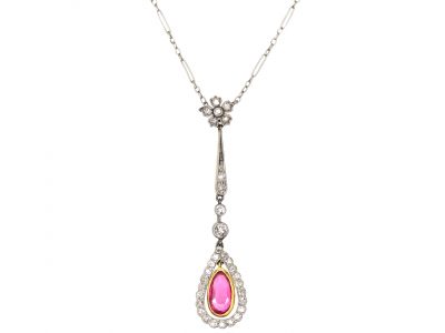 Early 20th Century 15ct Gold & Platinum Ruby & Diamond Pendant on Platinum Chain