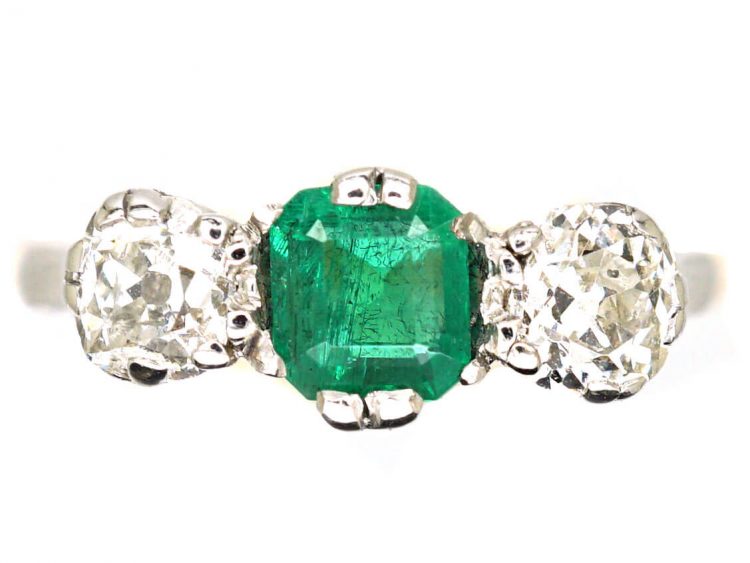 Early 20th Century 18ct Gold & Platinum, Emerald & Diamond Three Stone Ring