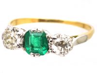 Early 20th Century 18ct Gold & Platinum, Emerald & Diamond Three Stone Ring