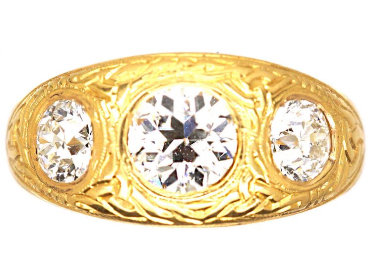 Victorian 18ct Gold Three Stone Diamond Ring with Engraved Celtic Motifs