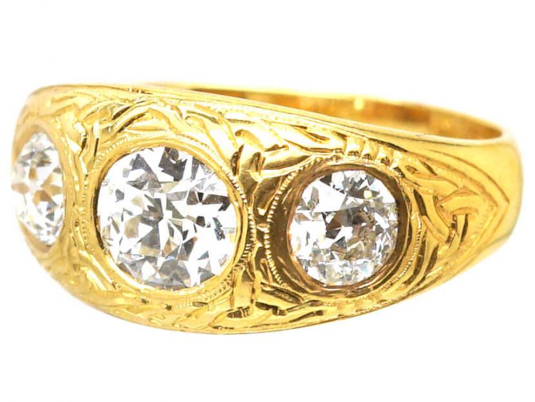 Victorian 18ct Gold Three Stone Diamond Ring with Engraved Celtic Motifs