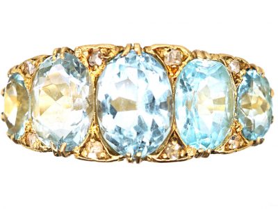 Victorian 18ct Gold, Five Stone Aquamarine Carved Half Hoop Ring with Diamond Points