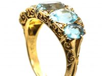 Victorian 18ct Gold, Five Stone Aquamarine Carved Half Hoop Ring with Diamond Points