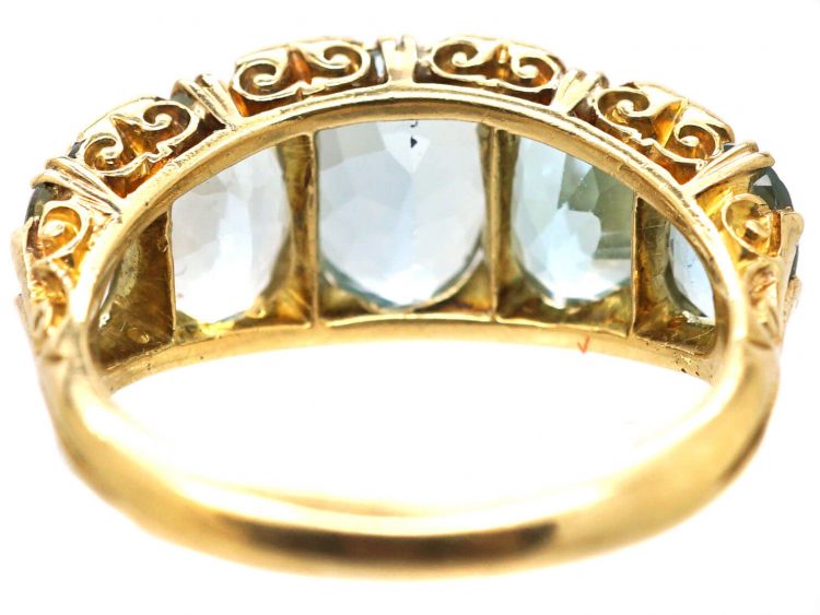 Victorian 18ct Gold, Five Stone Aquamarine Carved Half Hoop Ring with Diamond Points