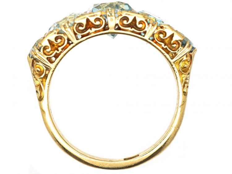 Victorian 18ct Gold, Five Stone Aquamarine Carved Half Hoop Ring with Diamond Points