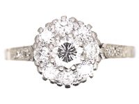 Edwardian 18ct White Gold & Platinum, Diamond Cluster Ring with Diamond set Shoulders