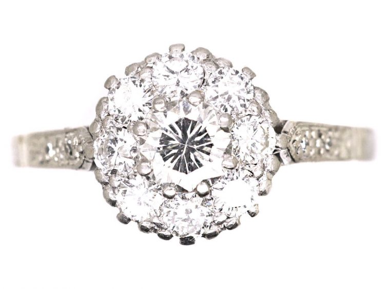 Edwardian 18ct White Gold & Platinum, Diamond Cluster Ring with Diamond set Shoulders