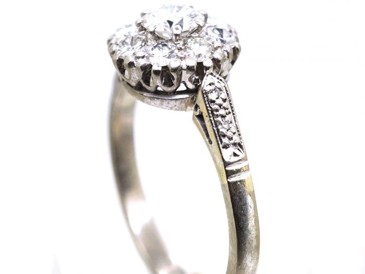 Edwardian 18ct White Gold & Platinum, Diamond Cluster Ring with Diamond set Shoulders