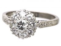 Edwardian 18ct White Gold & Platinum, Diamond Cluster Ring with Diamond set Shoulders