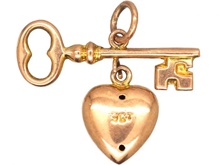 Edwardian 9ct Gold Heart & Key Pendant set with a Natural Split Pearl