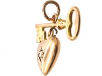 Edwardian 9ct Gold Heart & Key Pendant set with a Natural Split Pearl