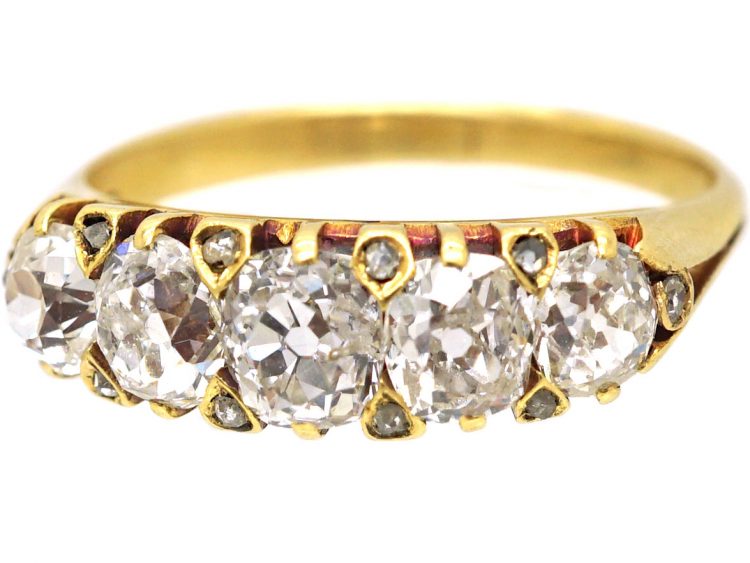 Victorian 18ct Gold & Old Mine Cut Diamond Five Stone Ring with Rose Diamond Points