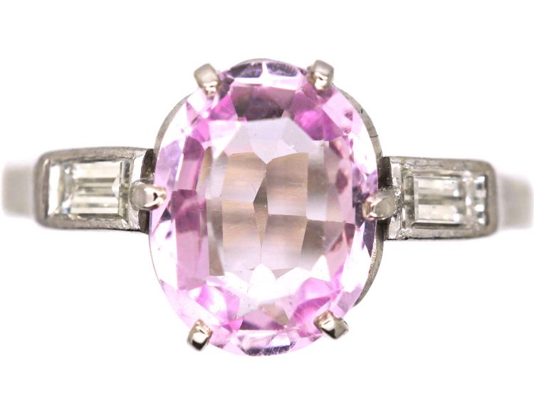 Art Deco 18ct White Gold, Pink Topaz & Baguette Diamond Ring