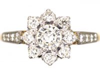 18ct Gold, Platinum & Diamond Cluster Ring with Diamond set Shoulders