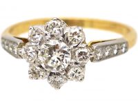 18ct Gold, Platinum & Diamond Cluster Ring with Diamond set Shoulders